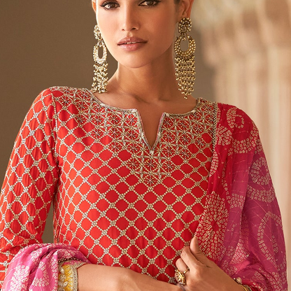 Red silk salwar kameez suit embroidery neckline detail