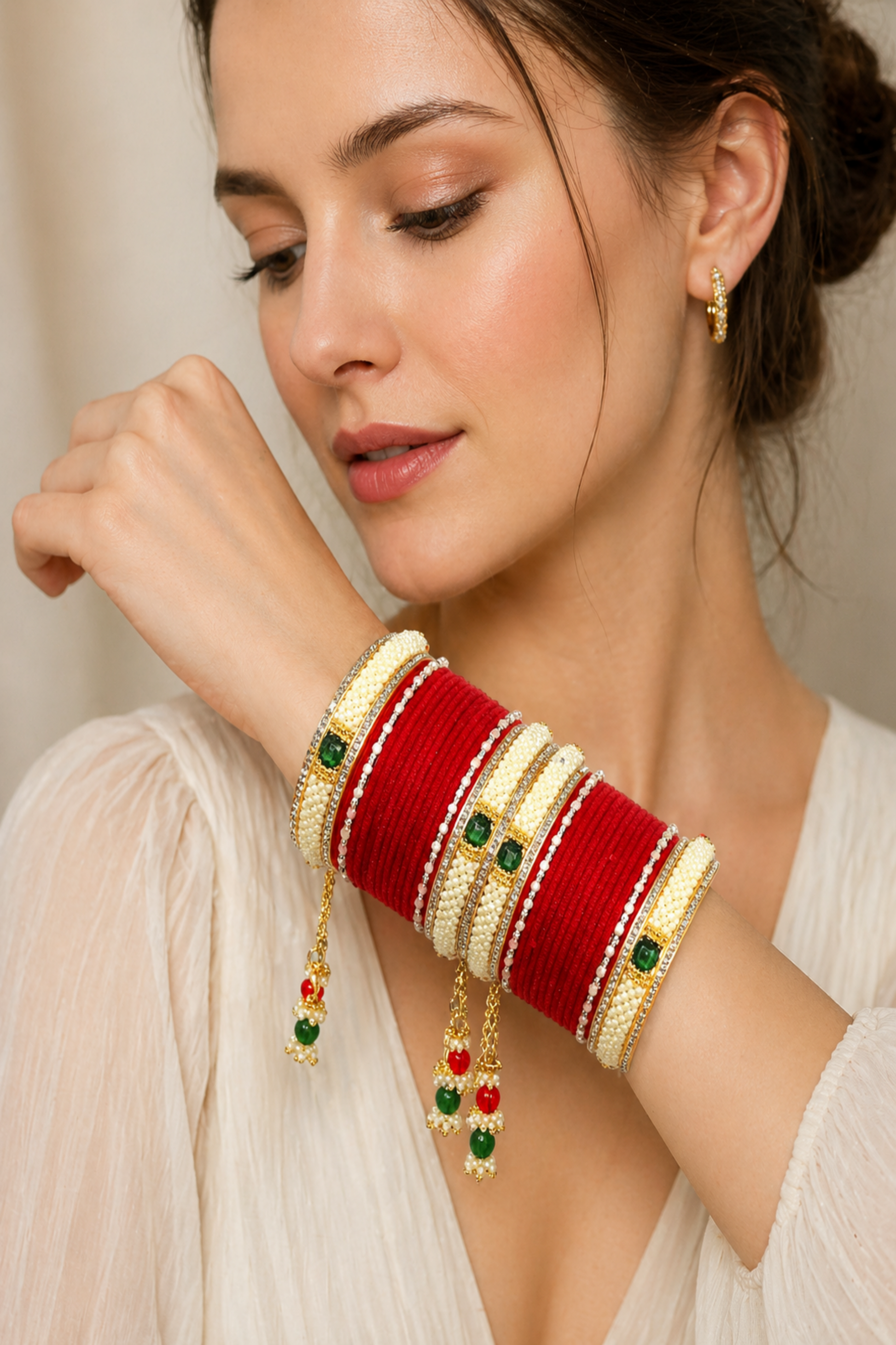 bridal bangles with dangling bead charms in red and green