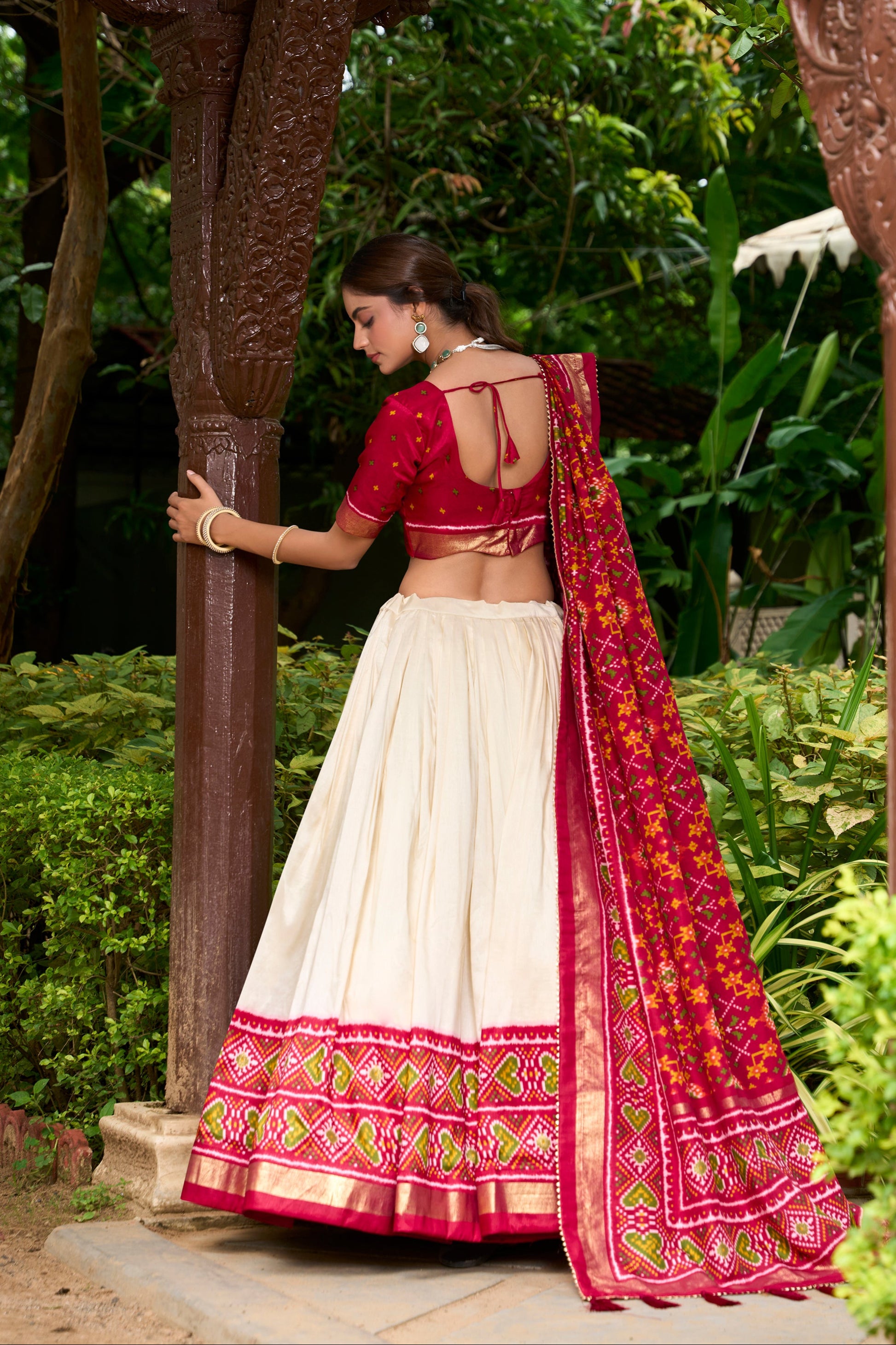 Bridal lehenga gown style with printed silk texture
