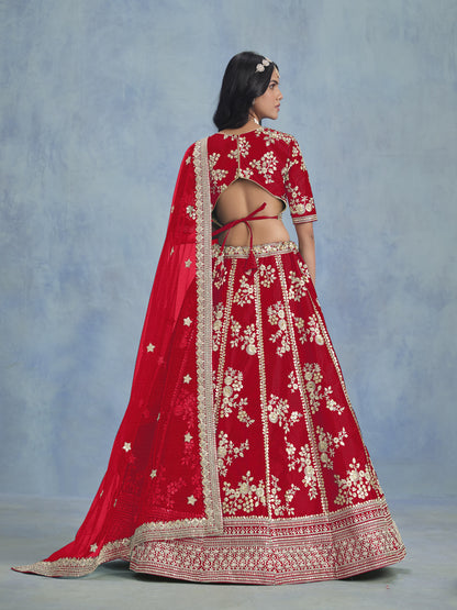 Red lehenga fabric movement and drape detail