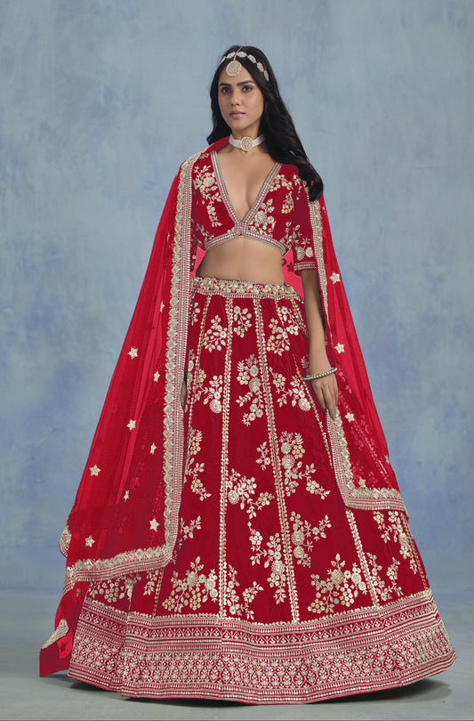 Red wedding lahenda front view with embroidered detailing