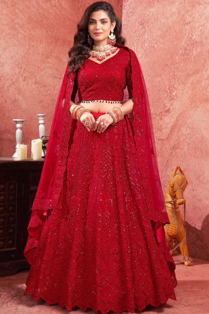 red wedding wear lehenga choli full front view with embroidery