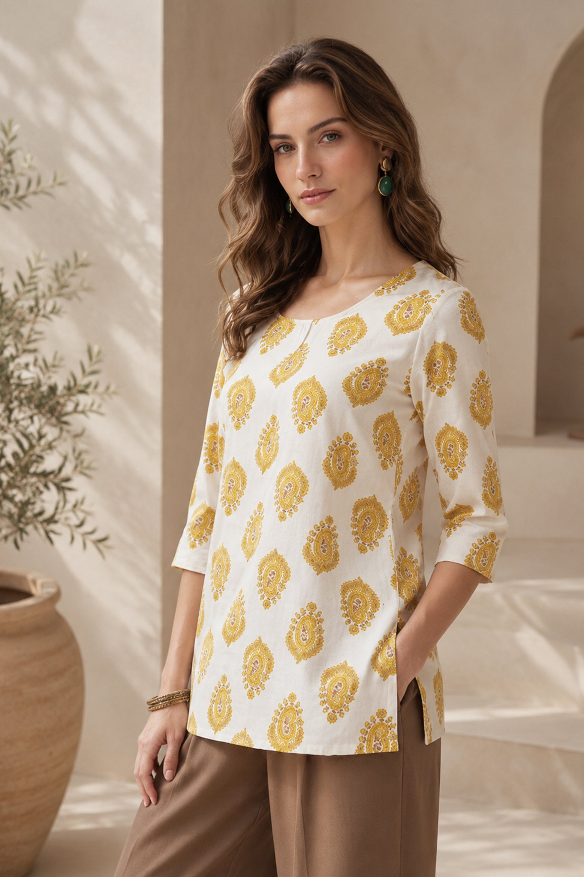 Ethnic motif printed tunic top in relaxed silhouette