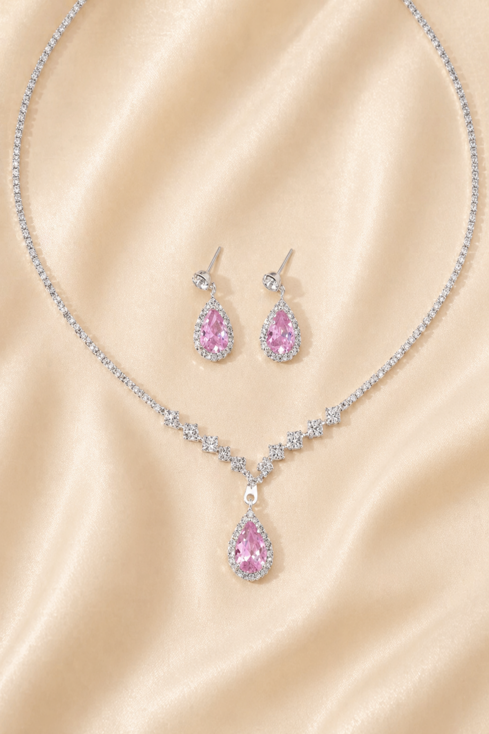 matching pink drop earrings and pendant necklace
