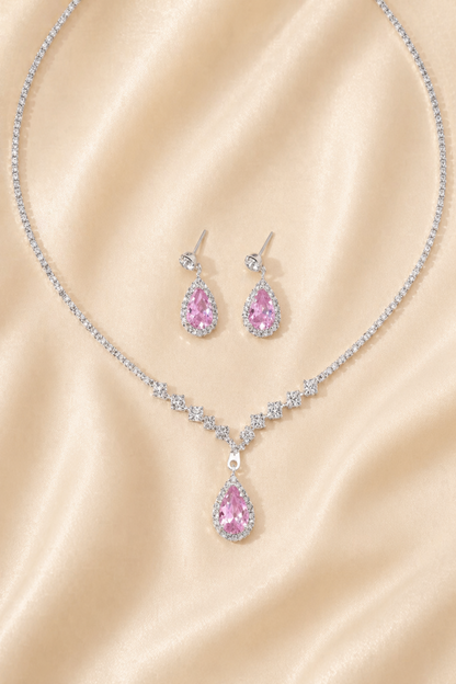 matching pink drop earrings and pendant necklace
