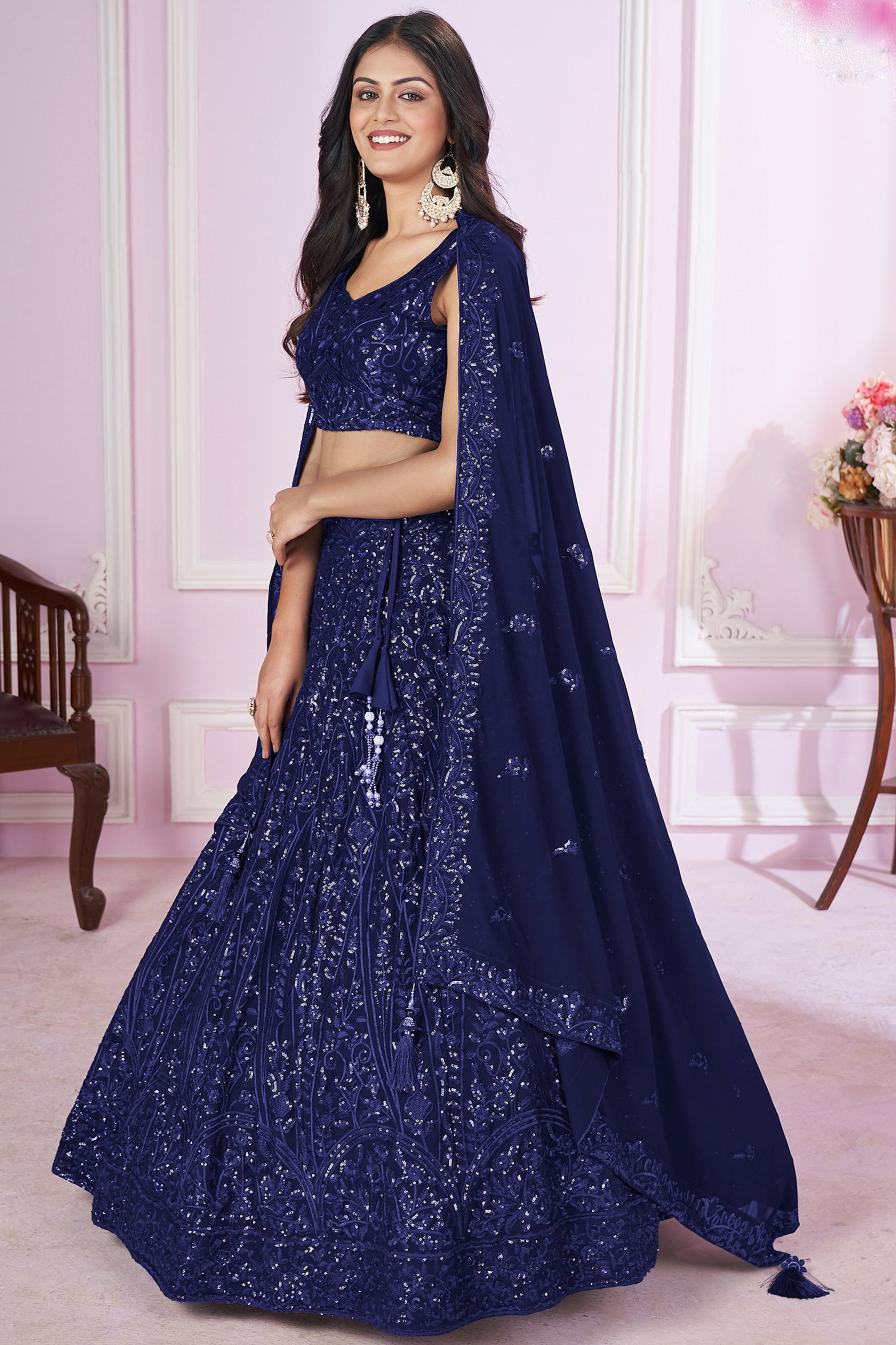 Roka ceremony lehenga choli in blue satin material