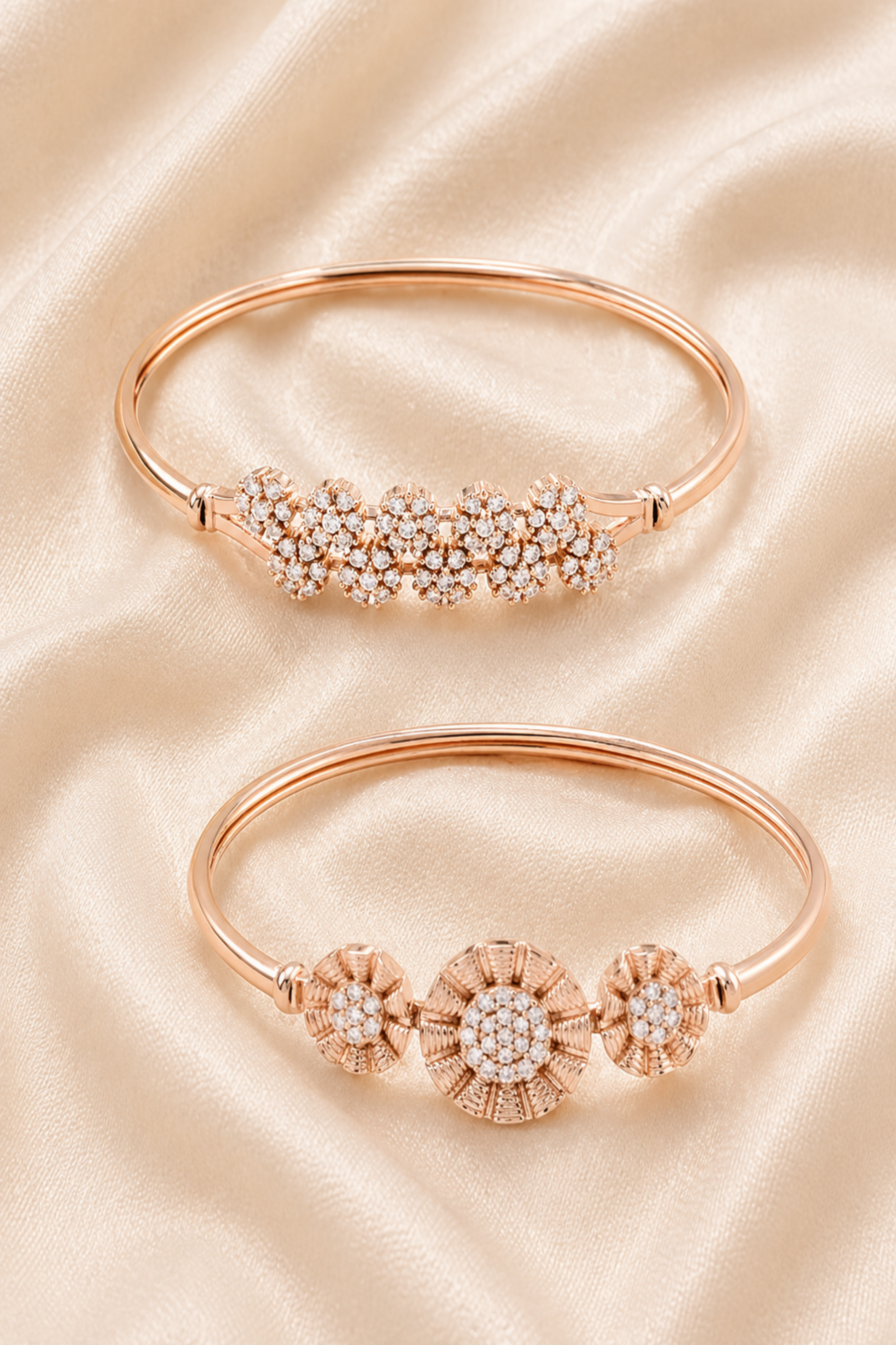 rose gold bracelet with floral crystal clusters close view