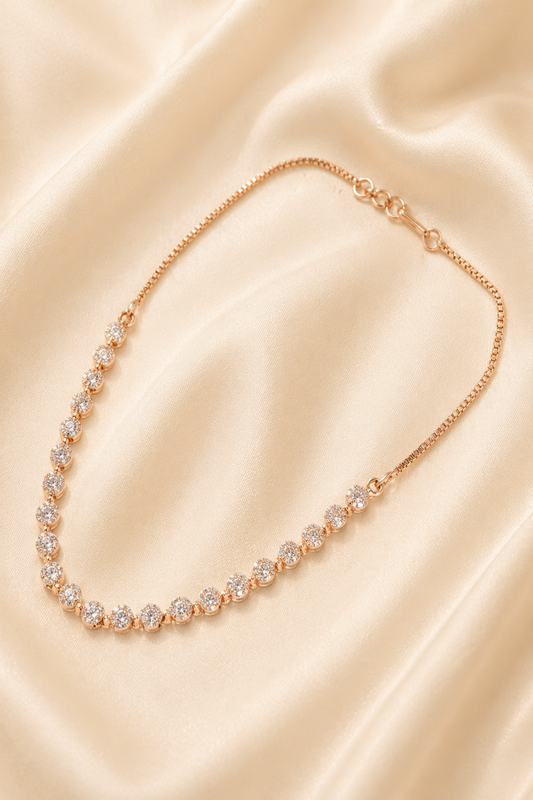 woman wearing rose gold diamond tennis necklace