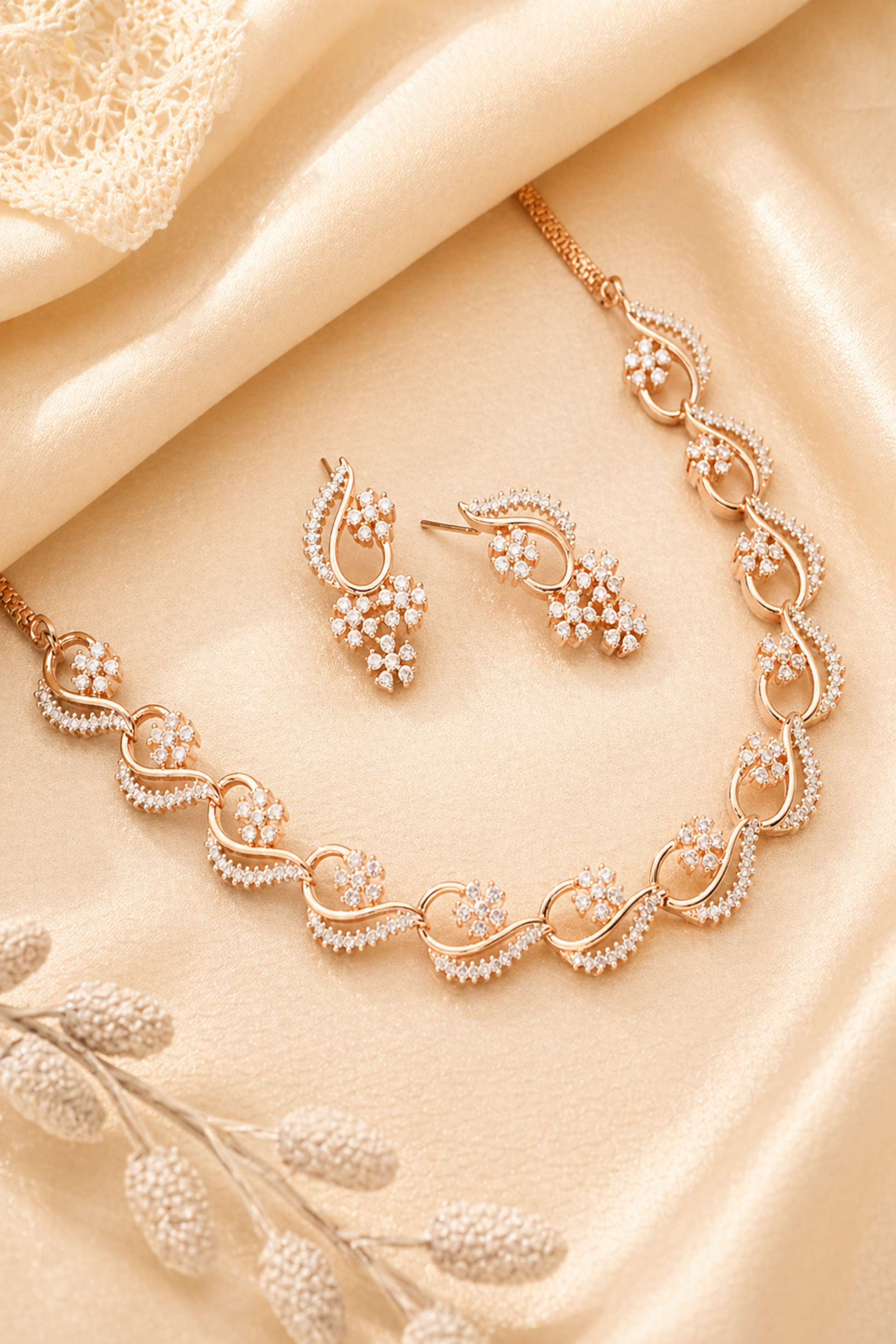 Rose gold-tone floral necklace set with matching earrings