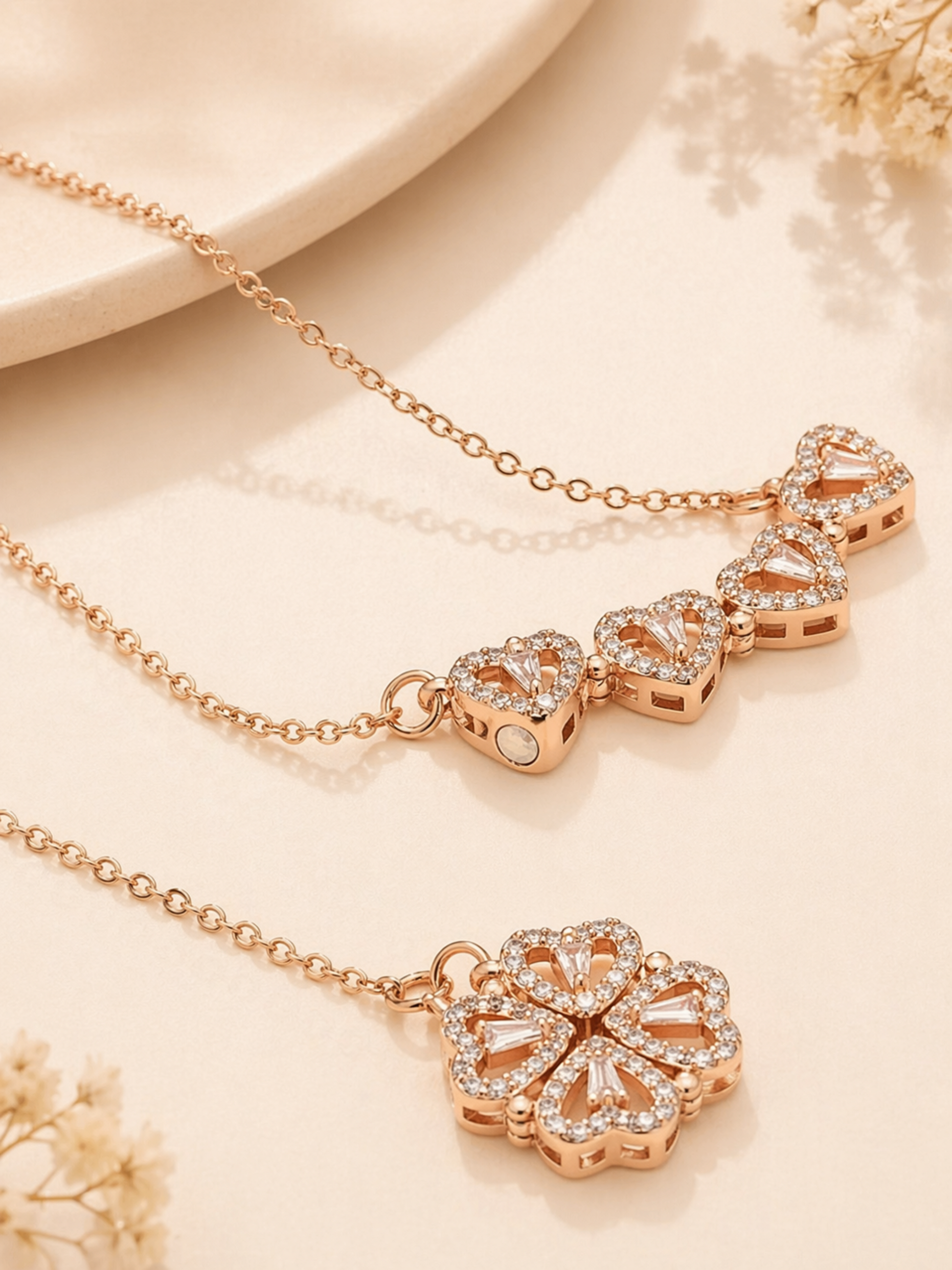 rose gold heart pendant necklace with crystal stones
