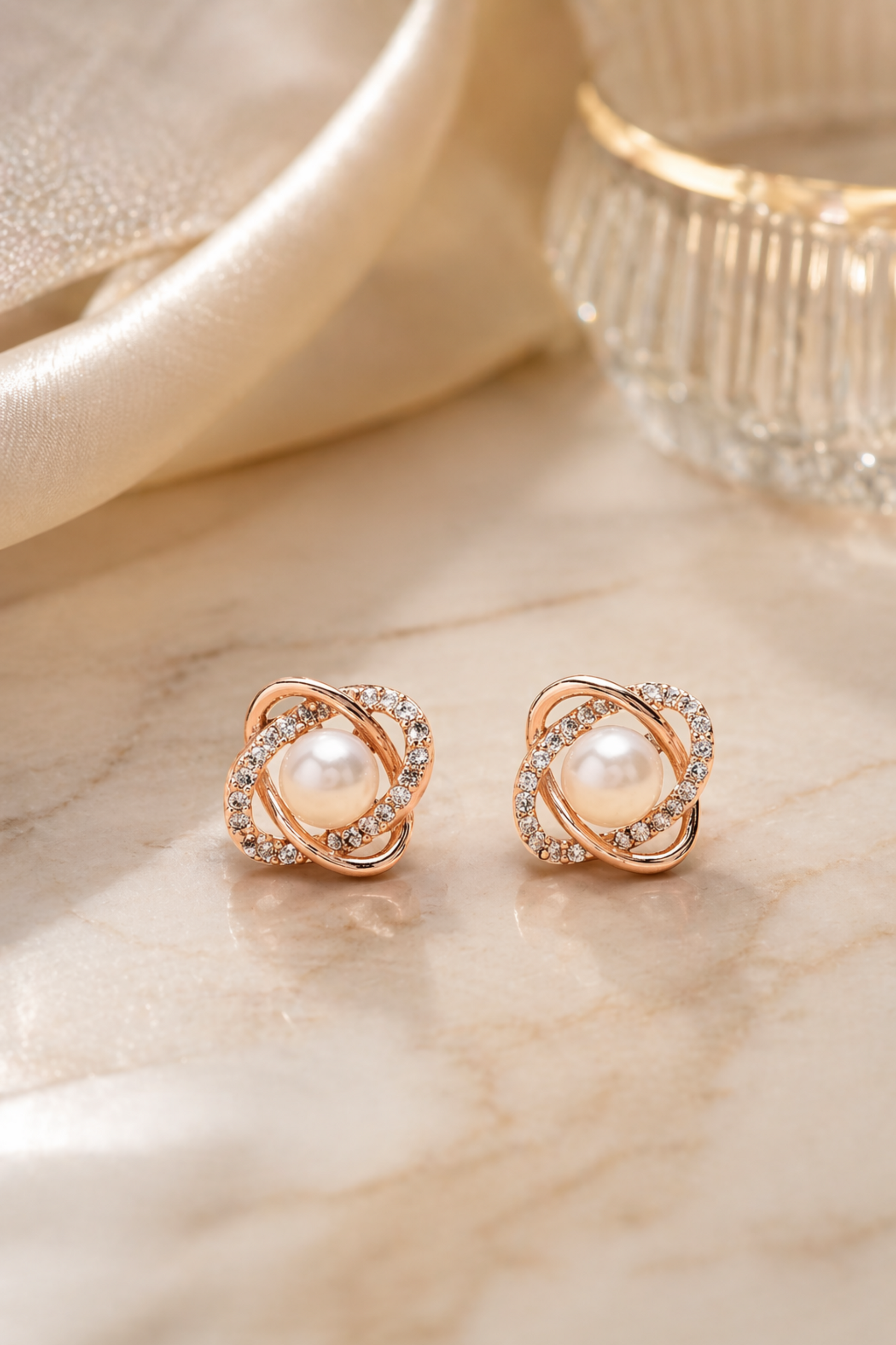 premium pearl earrings trio styled on model