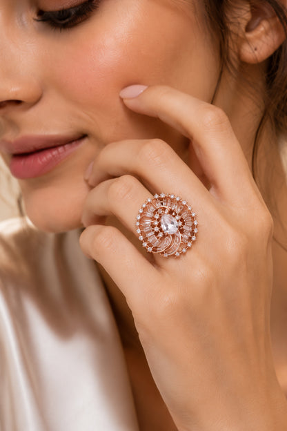 Close up view of statement ring with clear stone detailing