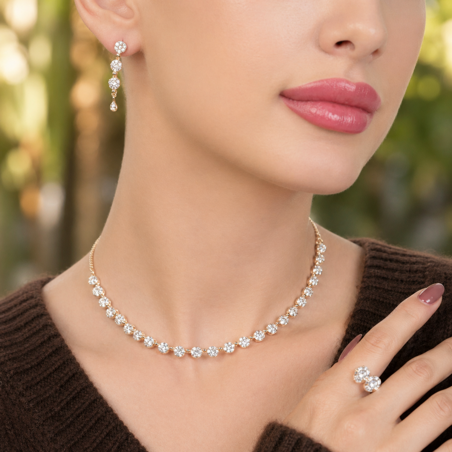 minimal silver necklace with linked clear stones
