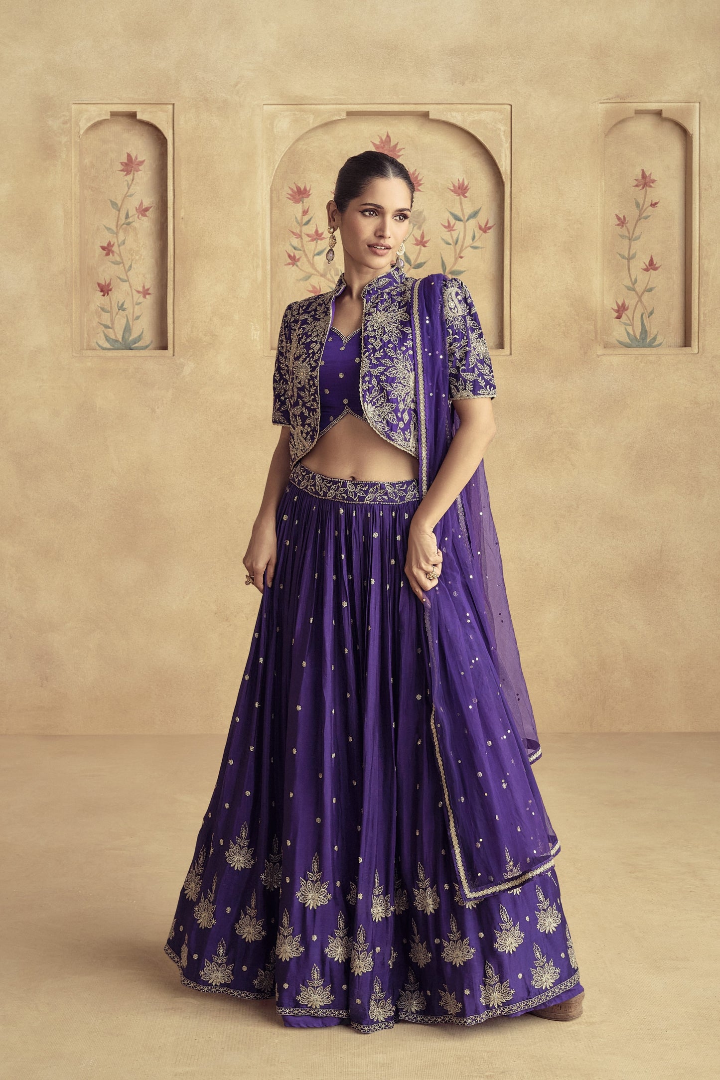 Royal blue lehenga full front view with embroidered detailing