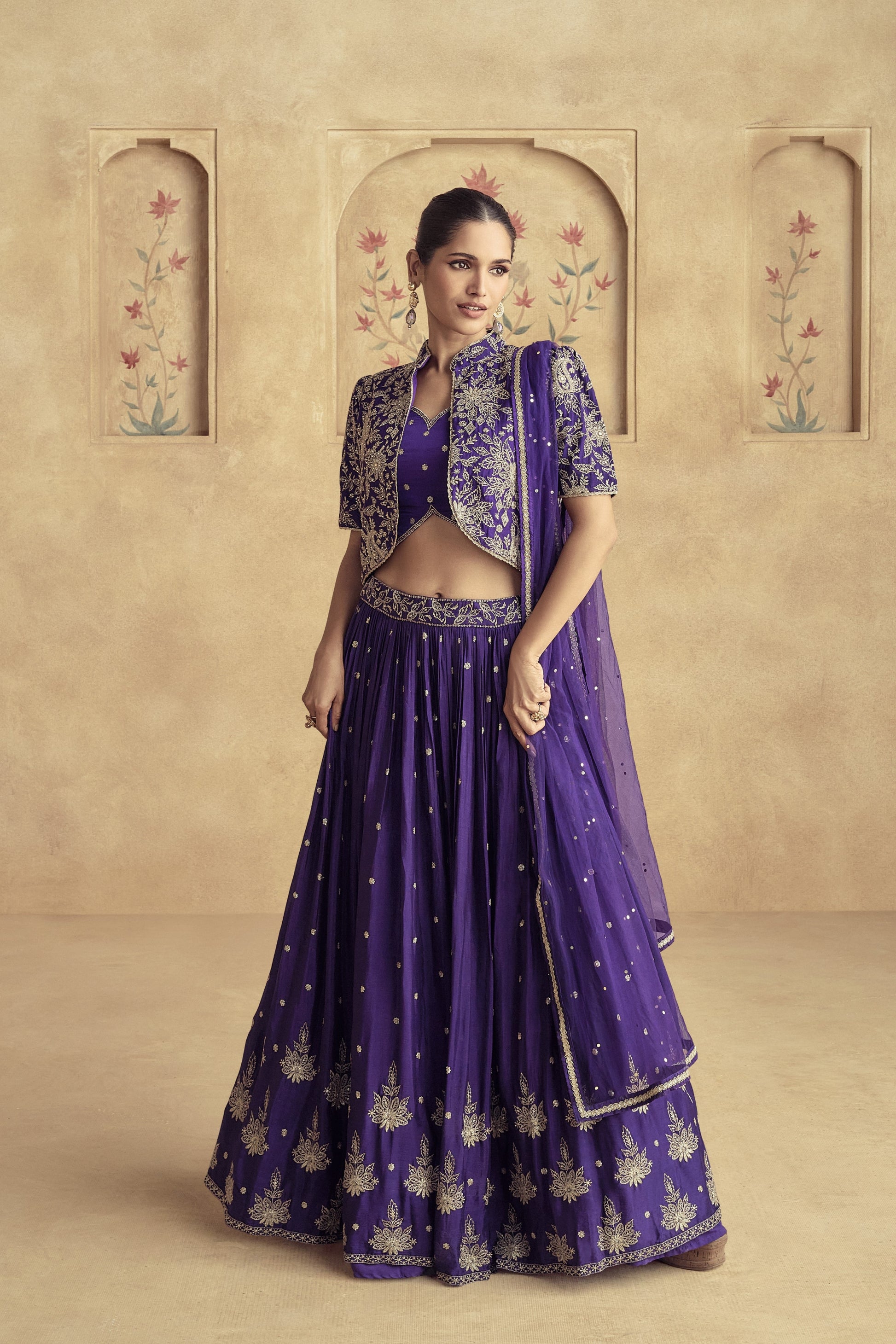 Royal blue lehenga full front view with embroidered detailing
