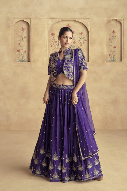 Royal blue lehenga full front view with embroidered detailing