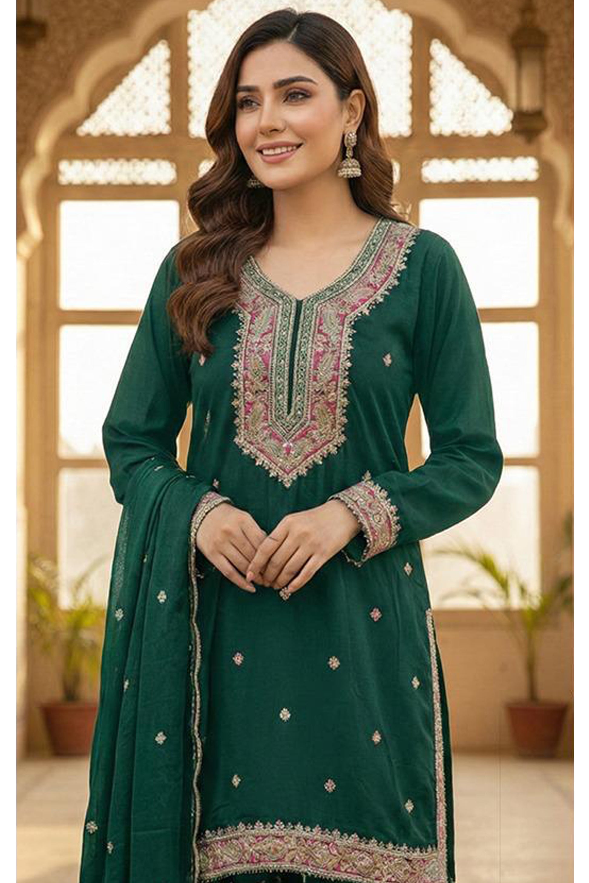 Front view of Royal Green sharara outfit in Hevay Chinon fabric