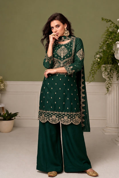 Royal Green Salwar Kameez with thread sequin embroidery in ready to wear silk styling