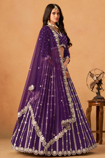 Front view of royal purple embroidered lehenga choli set