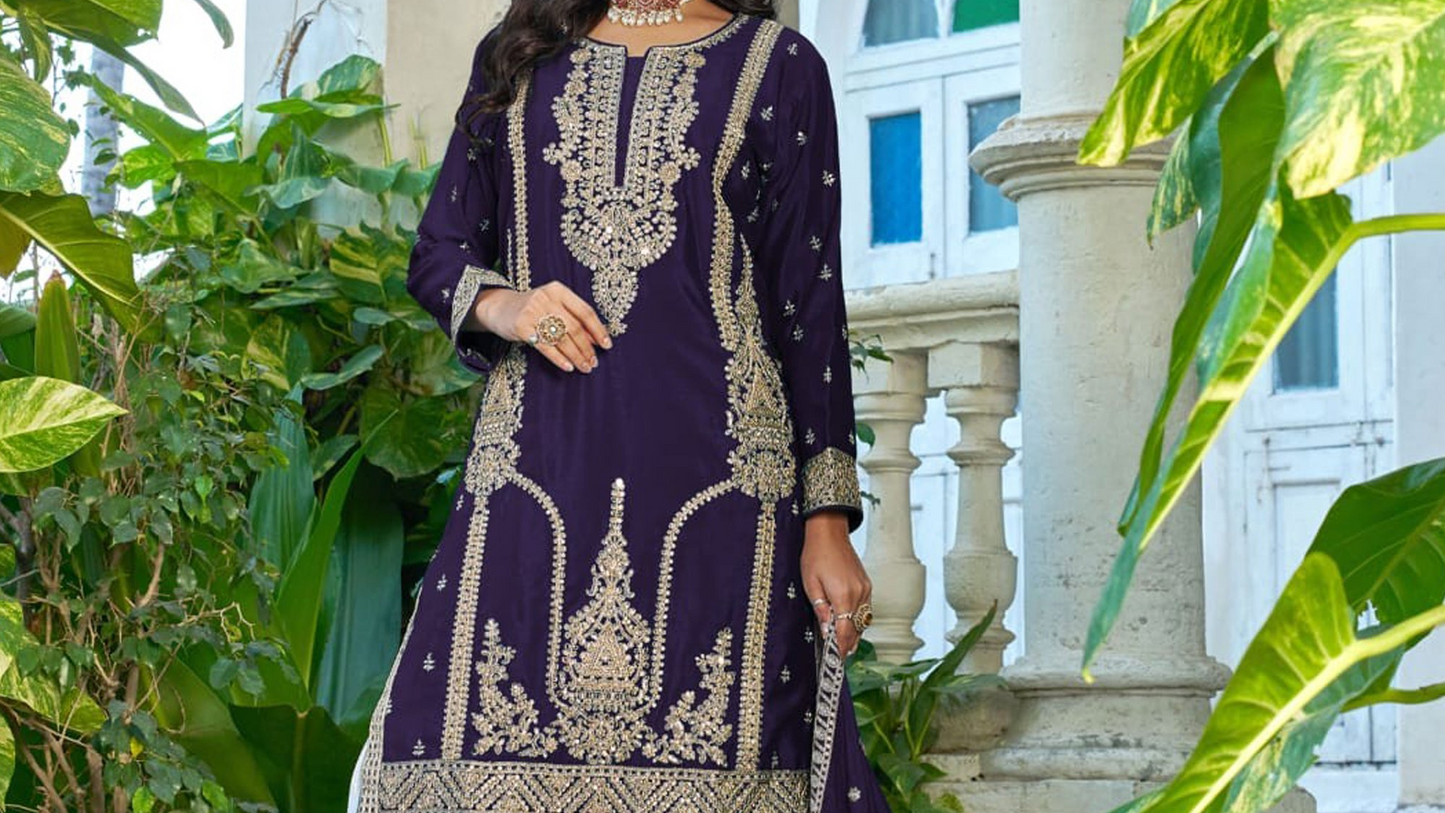 Royal Purple kurta set with Premium Chinon palazzo and dupatta