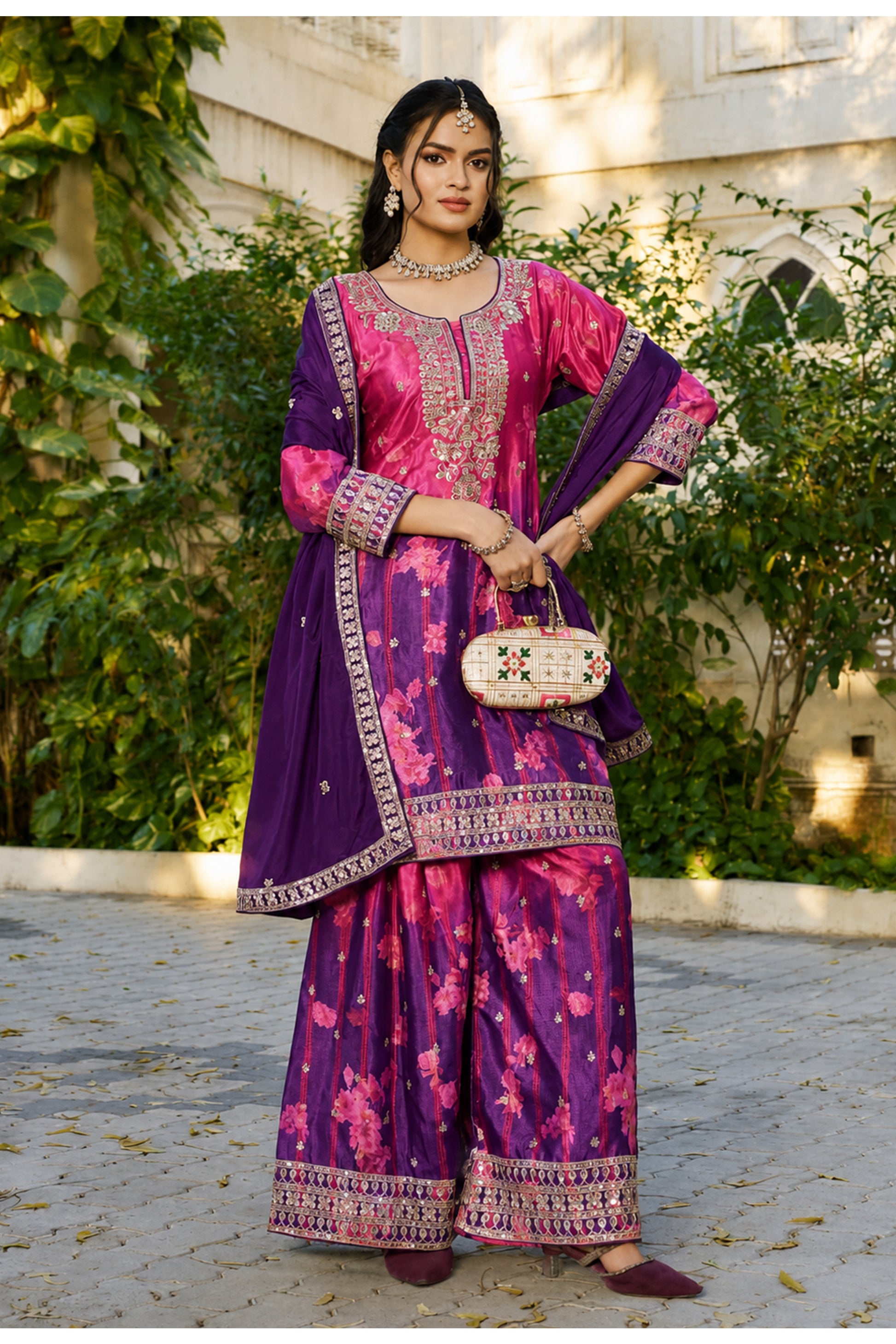 Royal Purple Palazzo Suit displayed with full coordinated occasion styling