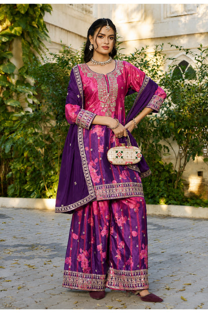 Royal Purple Palazzo Suit displayed with full coordinated occasion styling