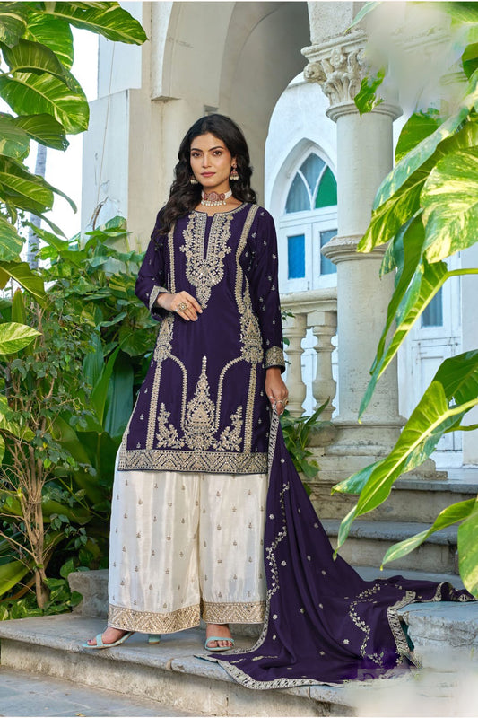 Royal Purple Indian outfit with embroidered dupatta and wide palazzo