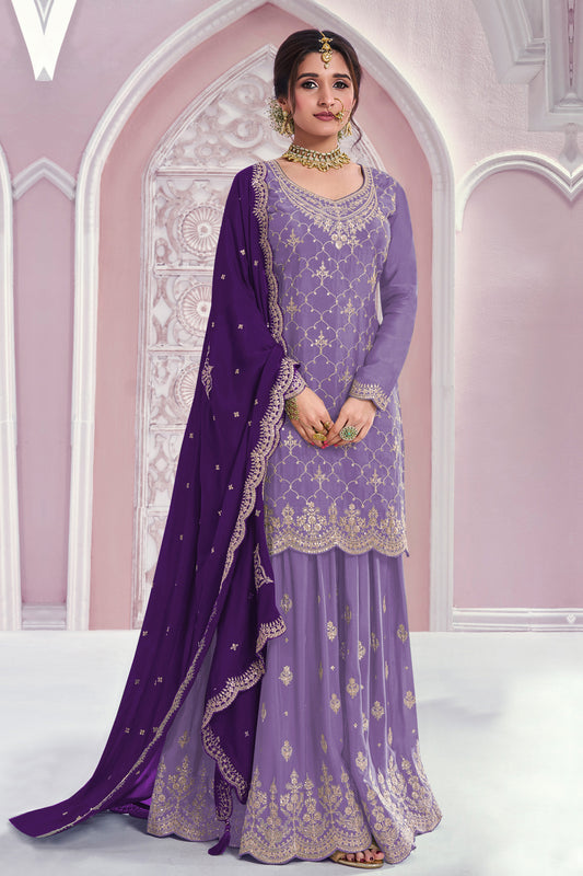 Front view of royal purple plazzo dress with embroidery work