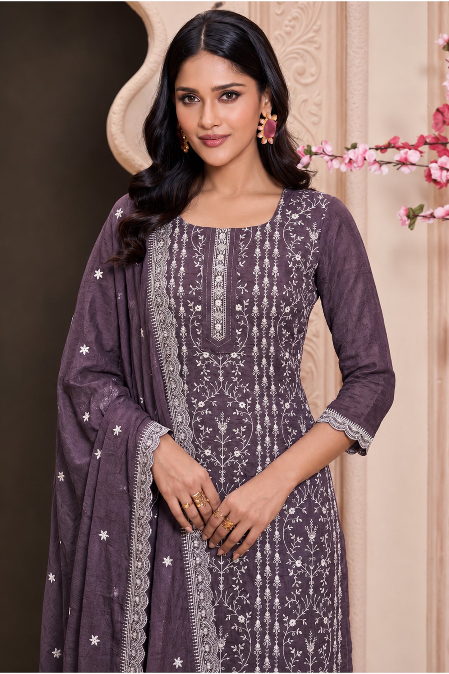 Close view of silk salwar kameez featuring thread sequin embroidery detailing