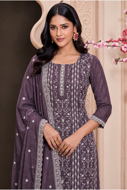 Close view of silk salwar kameez featuring thread sequin embroidery detailing