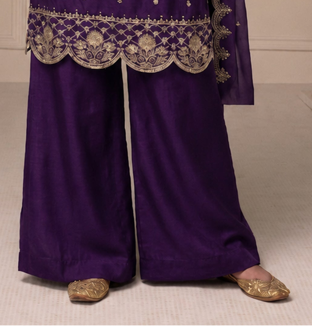 Ready to wear embroidered salwar kameez in royal purple silk finish