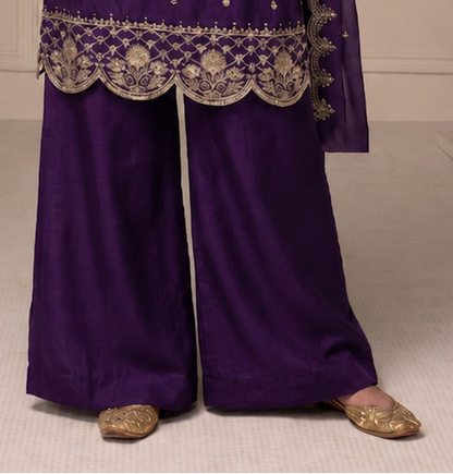 Ready to wear embroidered salwar kameez in royal purple silk finish