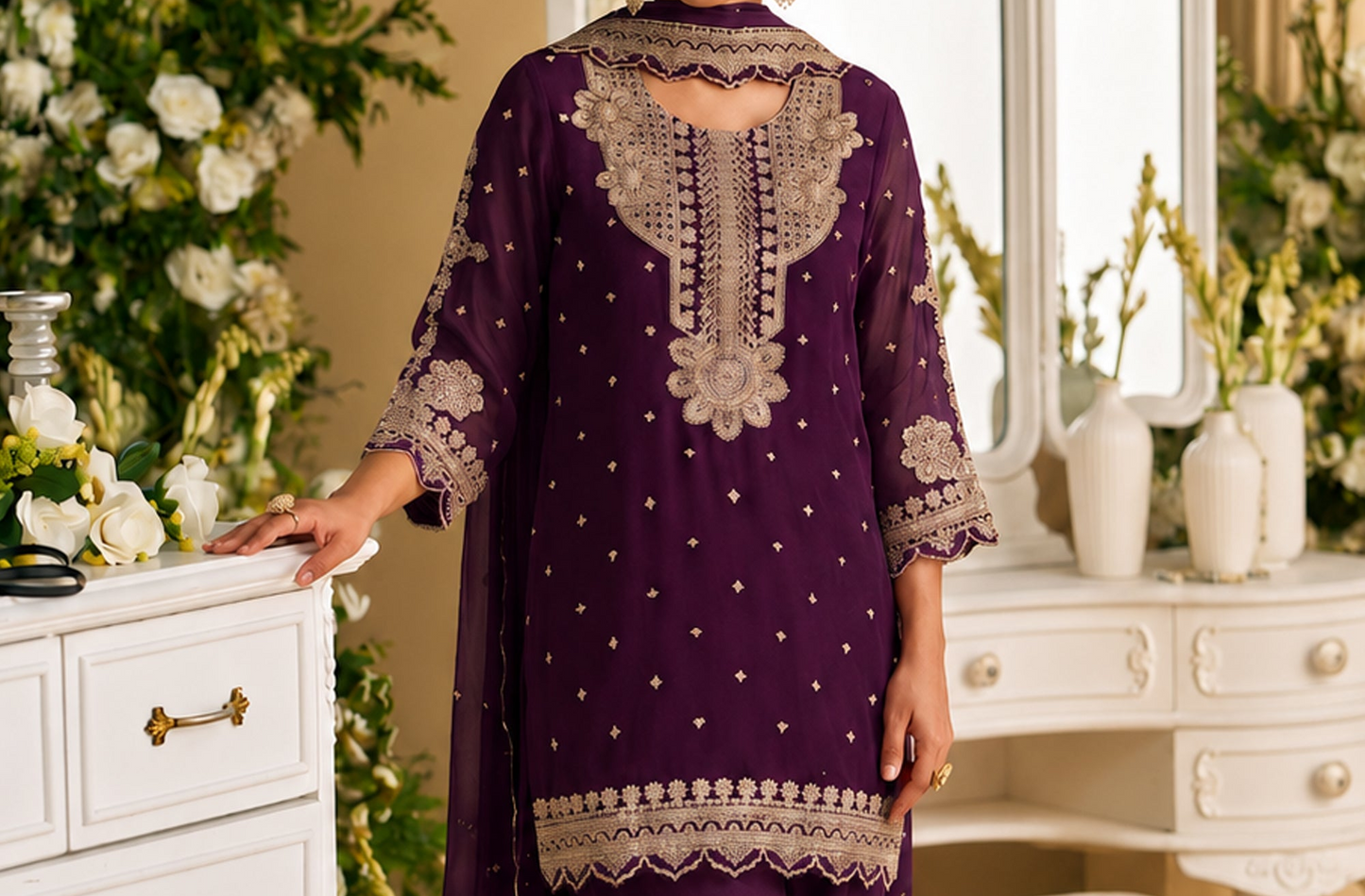 Royal Purple Salwar Kameez showing Diamond Zarkan Work detail
