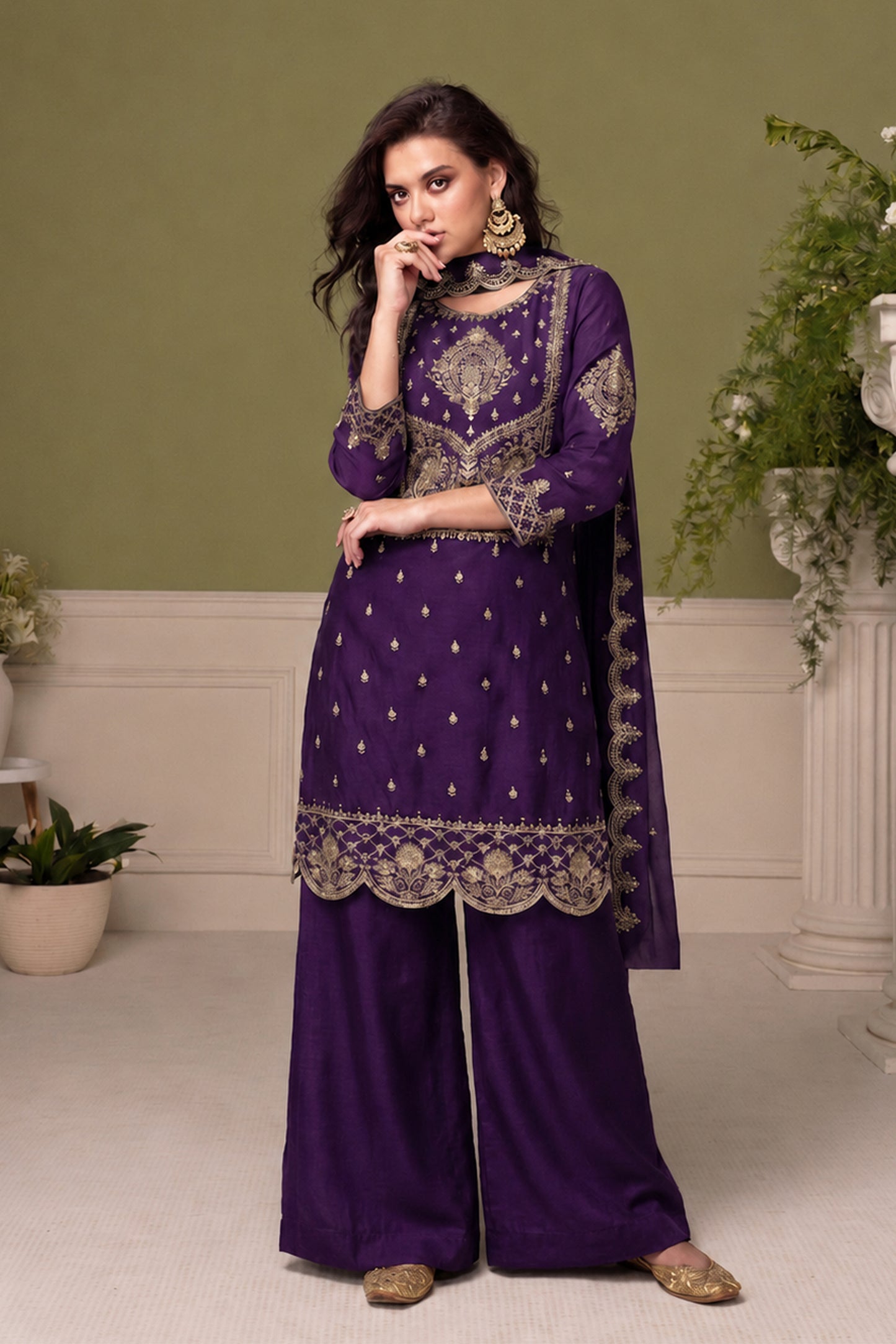 Royal Purple Salwar Kameez with thread sequin embroidery work in silk