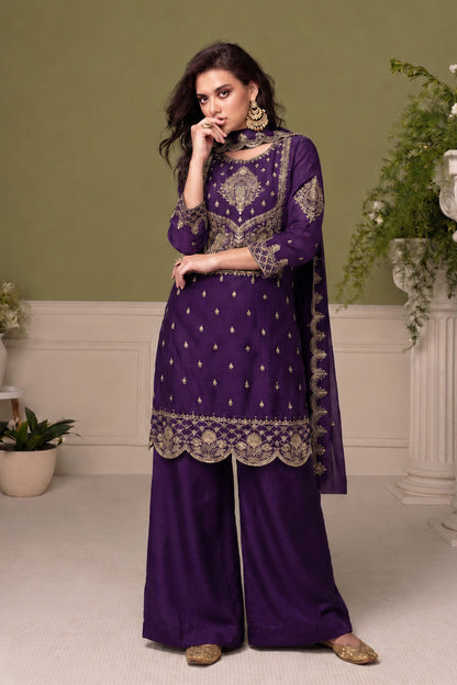 Royal Purple Salwar Kameez with thread sequin embroidery work in silk