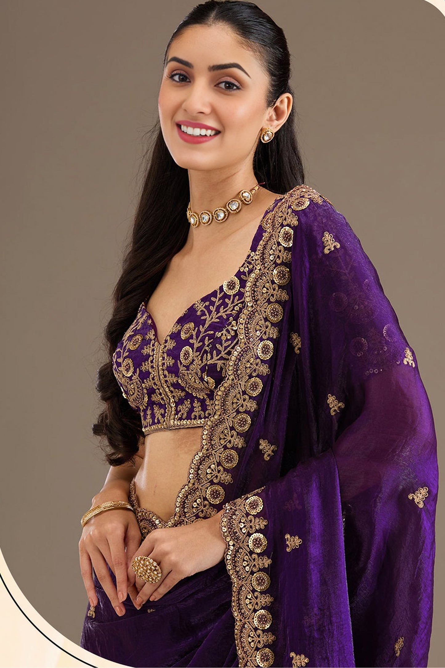 Ready to wear silk saree with detailed zari border