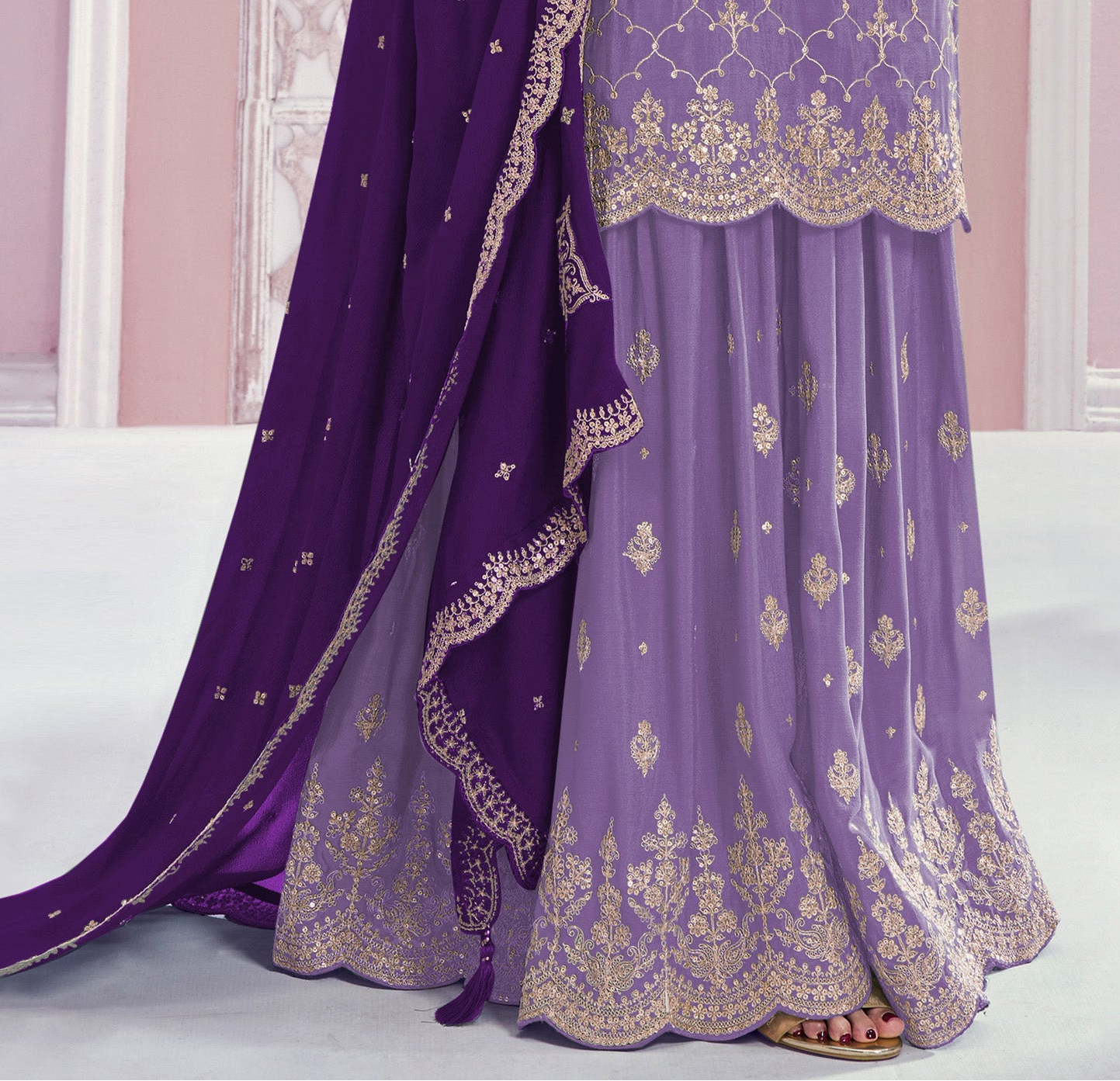 Full outfit view of royal purple plazzo dress