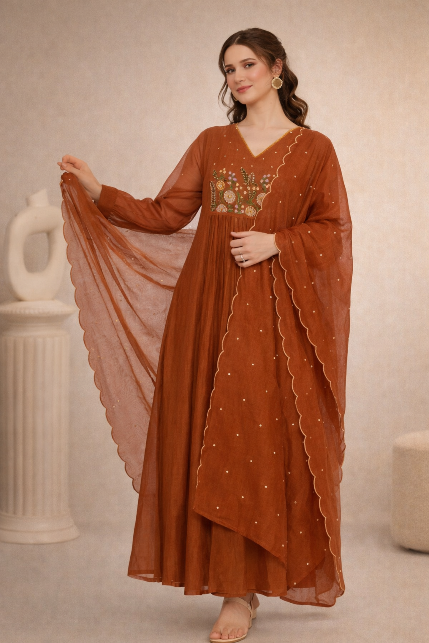 Wedding guest outfit rust brown Anarkali look
