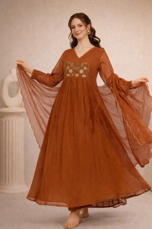 Rust brown Anarkali suit full front view