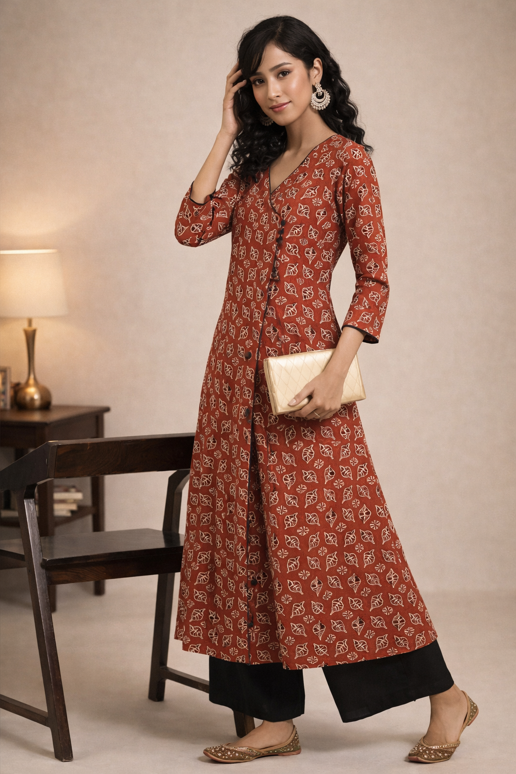 maroon kurti ladies wear front view in cotton fabric