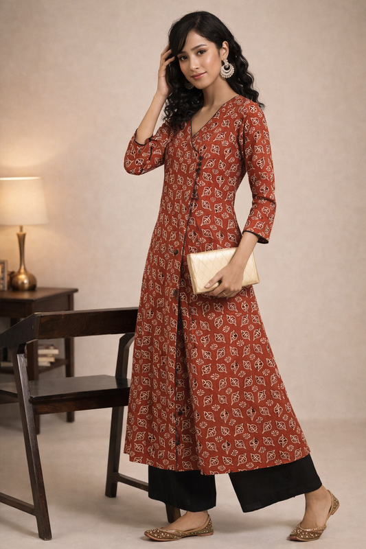 maroon kurti ladies wear front view in cotton fabric