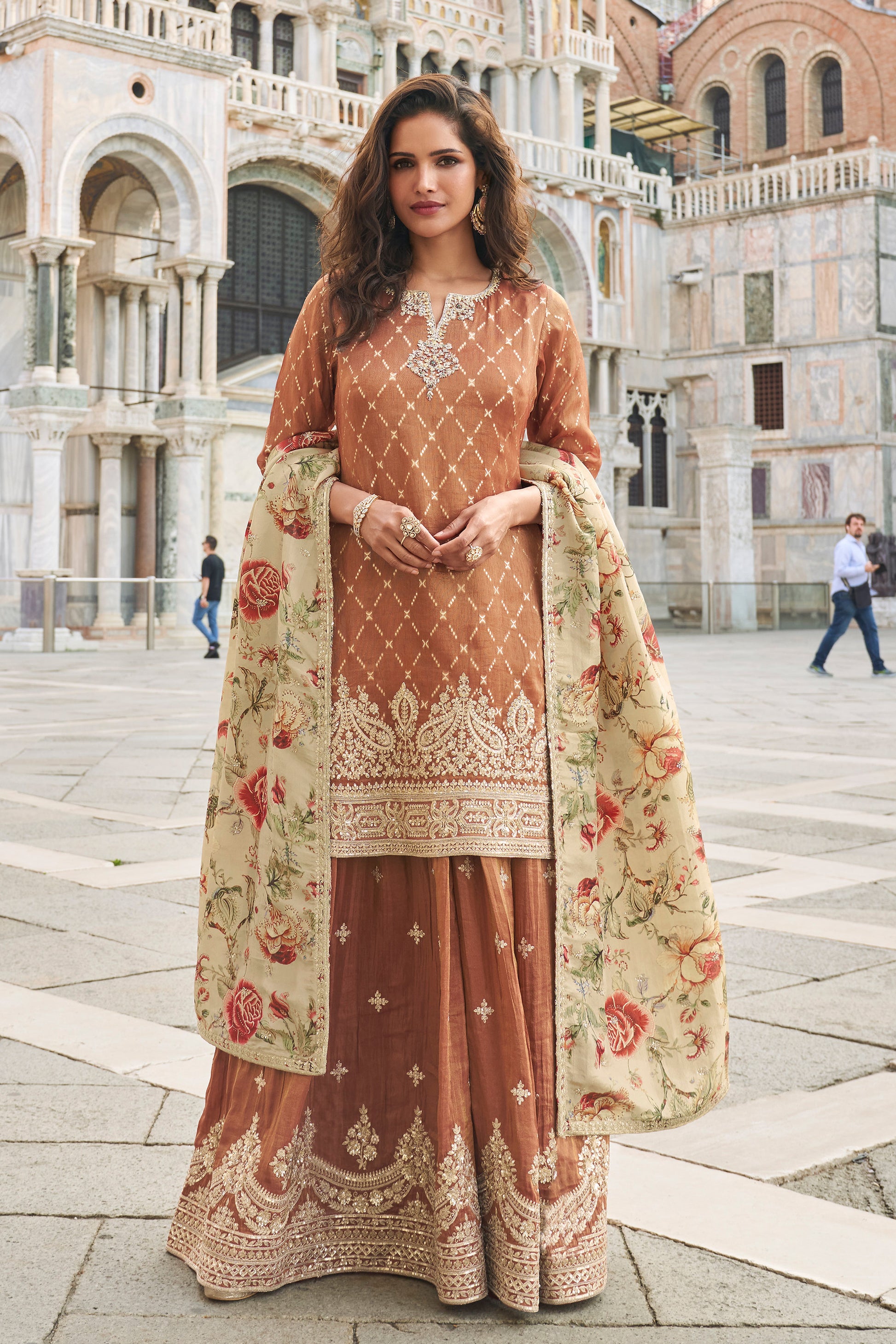Detailed view of jacquard silk pattern on kameez