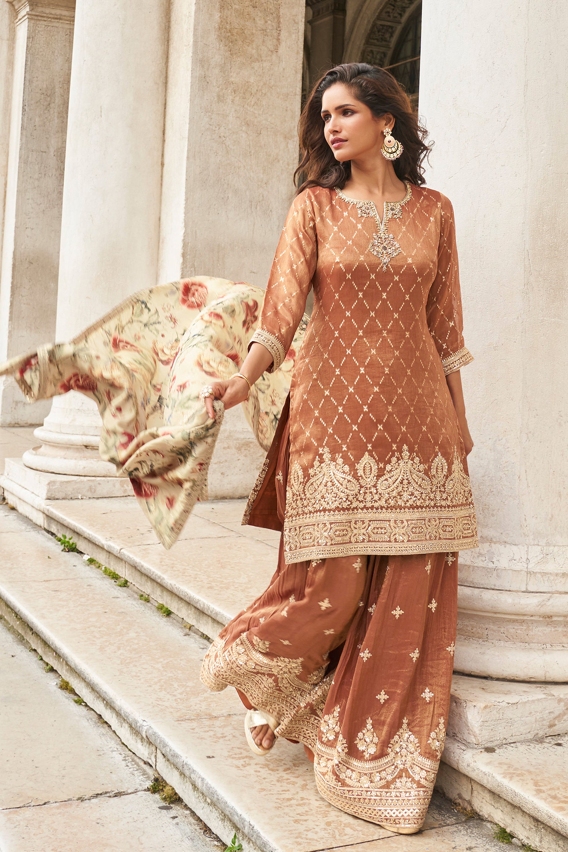 Rust brown sharara salwar kameez front view with embroidery