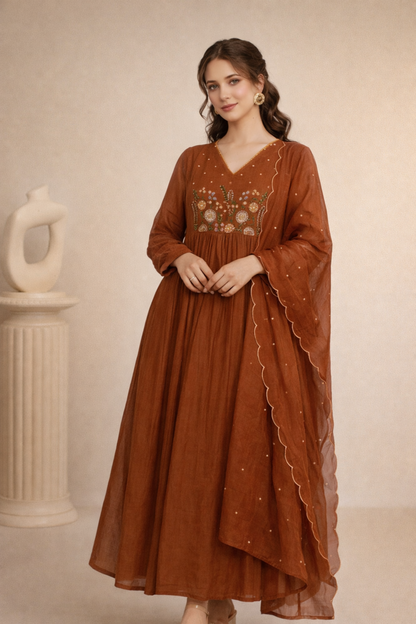Festive evening styling rust brown Anarkali suit