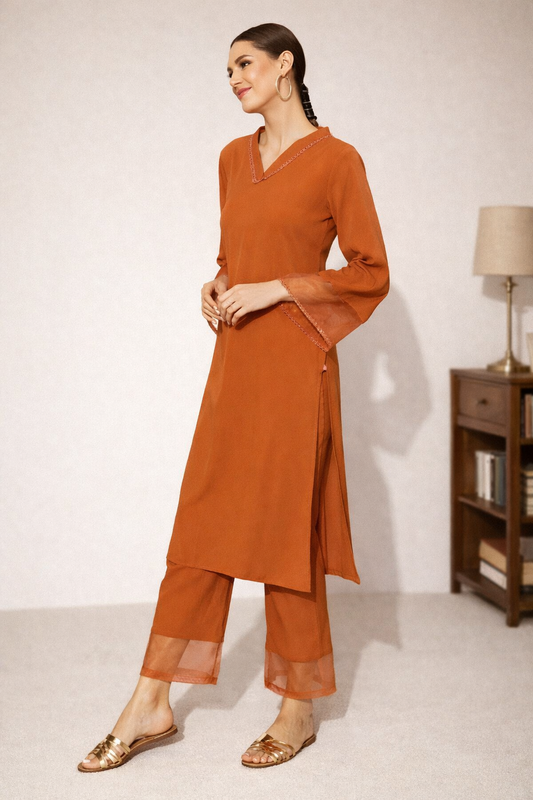 orange salwar kurta woman front view silk crepe texture