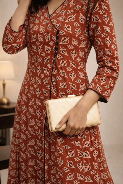 close-up of screen print detail on maroon kurti