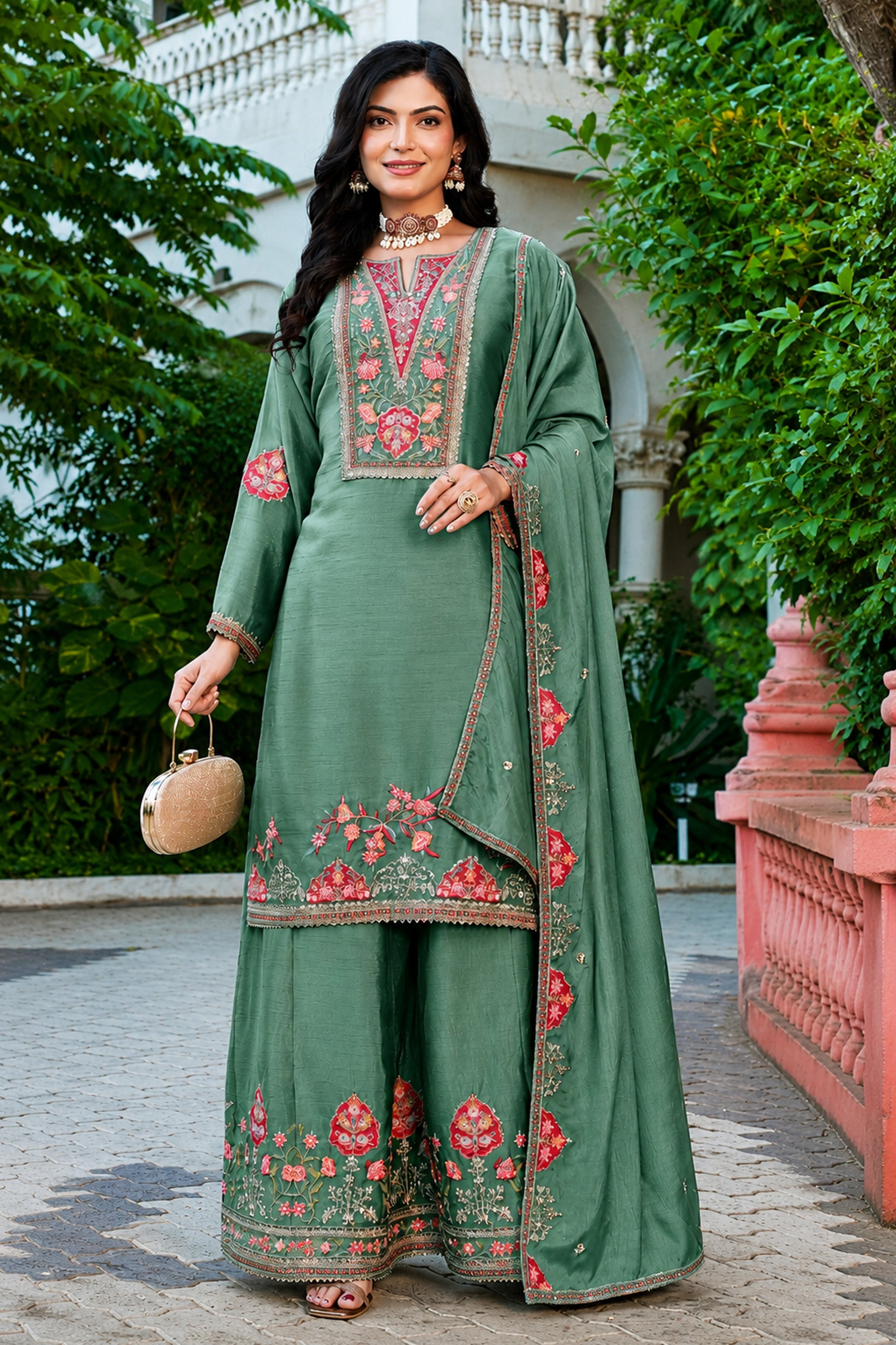 Sage Green palazzo with coding dori and sequence work