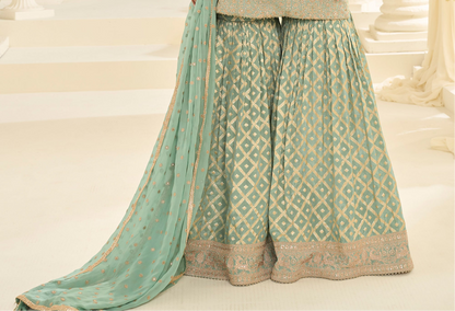 Sharara suit in sage green for wedding function look