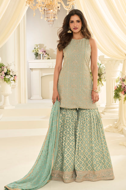 Sage green sharara suit with matching dupatta front look