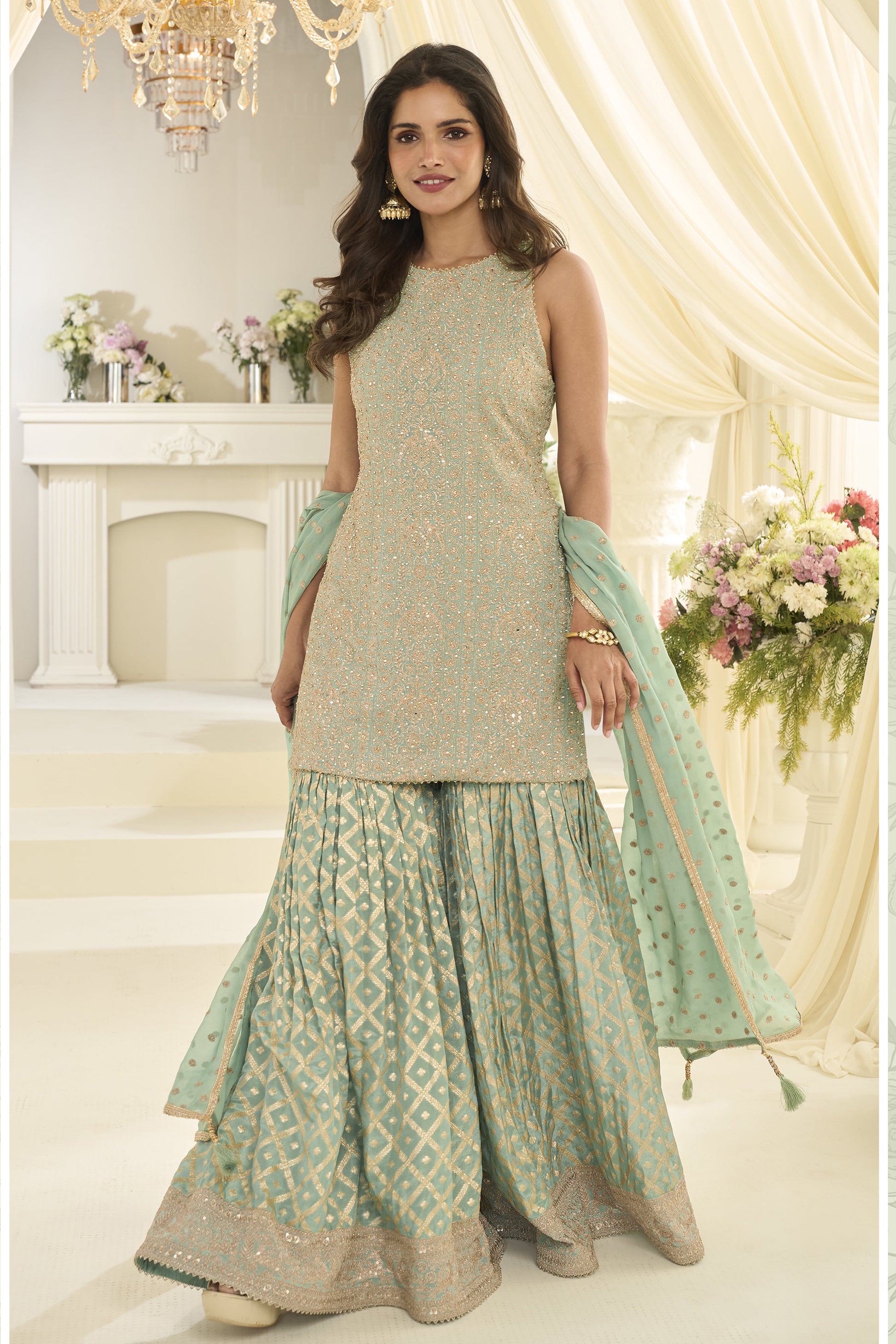 Sage green sharara suits front view full outfit
